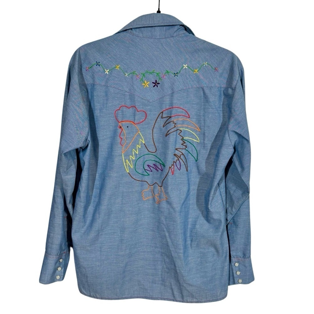 Vintage 70s BIG MAC Embroidered Rooster Chambray Western Shirt Pearl Snap - Picture 1 of 7